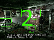 A blood stain and hidden message in the second room of the 5th Crime Scene.