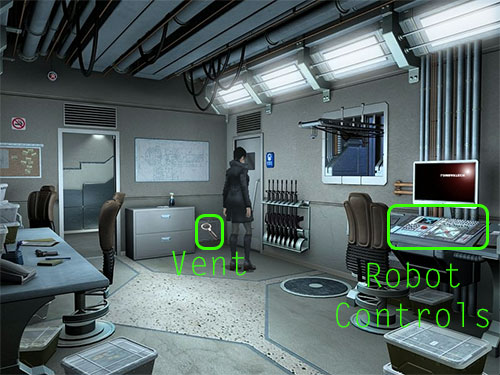 Once you are in the Bomb Squad Room you will see a small vent in the corner of the room to the right of the door, while the robot controls are against the wall on the far right of your screen.